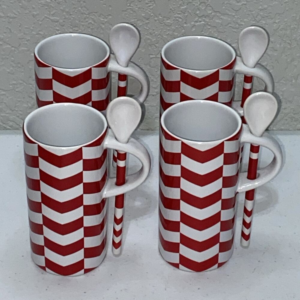 Lot Of 4 Starbucks Red & White Chevron‎ Candy Cane 8oz Mug Set with Spoon 2013